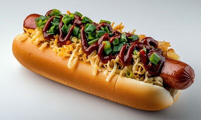 Delicious all-beef hot dog topped with chopped lettuce, Thai chili sauce, fried noodles, and green onions on a crisp white background