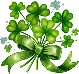 Watercolor illustration of a lush shamrock bouquet tied with a green ribbon bow. A festive and lucky design perfect for St. Patrick’s Day and Irish themes.
