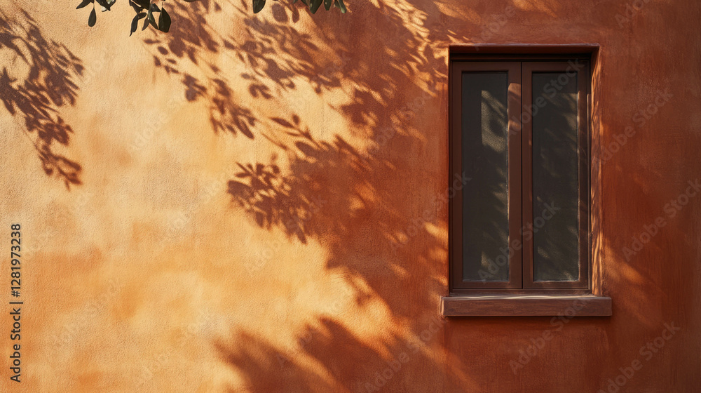 Poster rustic architecture with smooth brown clay wall and shadowed window