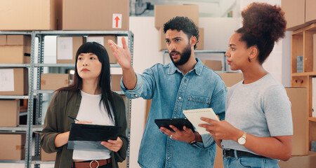 Group, shipping and business people planning logistics, inventory or cargo management....