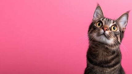 Obraz premium A playful tabby cat with captivating eyes looks up against a soft pink surface, showcasing warmth, charm, and spirit in an artistic yet minimalistic style.