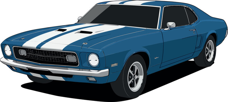 Classic blue muscle car with white stripes showcasing sleek design in a minimal vector illustration style under bright lighting conditions