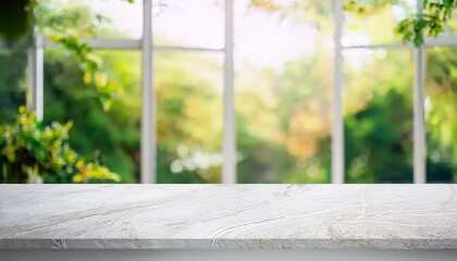 empty white stone marble table top and blurred of interior room with window view green from tree garden background background can used for display or montage your products
