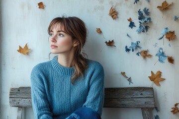 A pensive young woman in a blue sweater sits on a bench, autumn leaves falling around her.