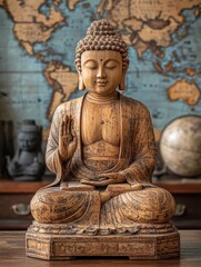 Antique Wooden Buddha Statue, Peaceful Meditation, Spiritual Enlightenment