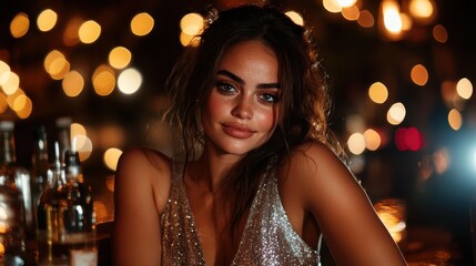 A glamorous woman posing beautifully with a shimmering dress, surrounded by warm bokeh lights, creating a captivating nightlife scene full of allure and elegance.
