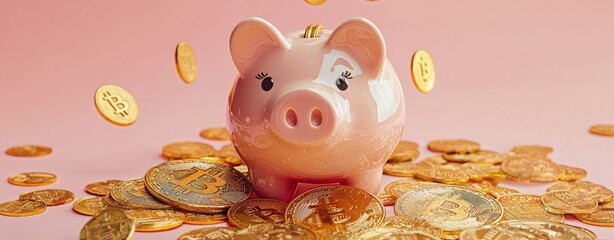Piggy Bank with Bitcoin Cryptocurrency Coins on Pink Background