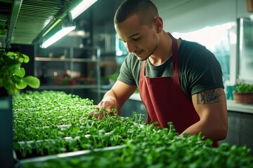 A man carefully tends to a lush indoor hydroponic garden, nurturing young seedlings under grow lights.