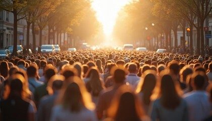 Obraz premium Busy city street with crowd of people walking at sunset. Warm sunlight over urban area. Rush hours on sidewalk near crosswalk with traffic. Lifestyle of modern metropolis, environment, social scene.