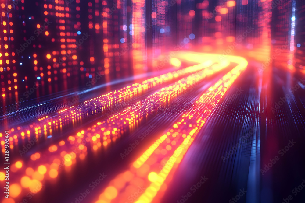 Poster digital city pathway glowing with data streams; futuristic urban landscape; concept image; backgroun