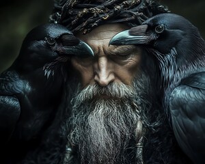 Shaman, ravens, forest, mystical, fantasy