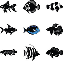 Fototapeta premium Fish Icons - Aquatic Animal Vector Silhouette Set in Various Styles