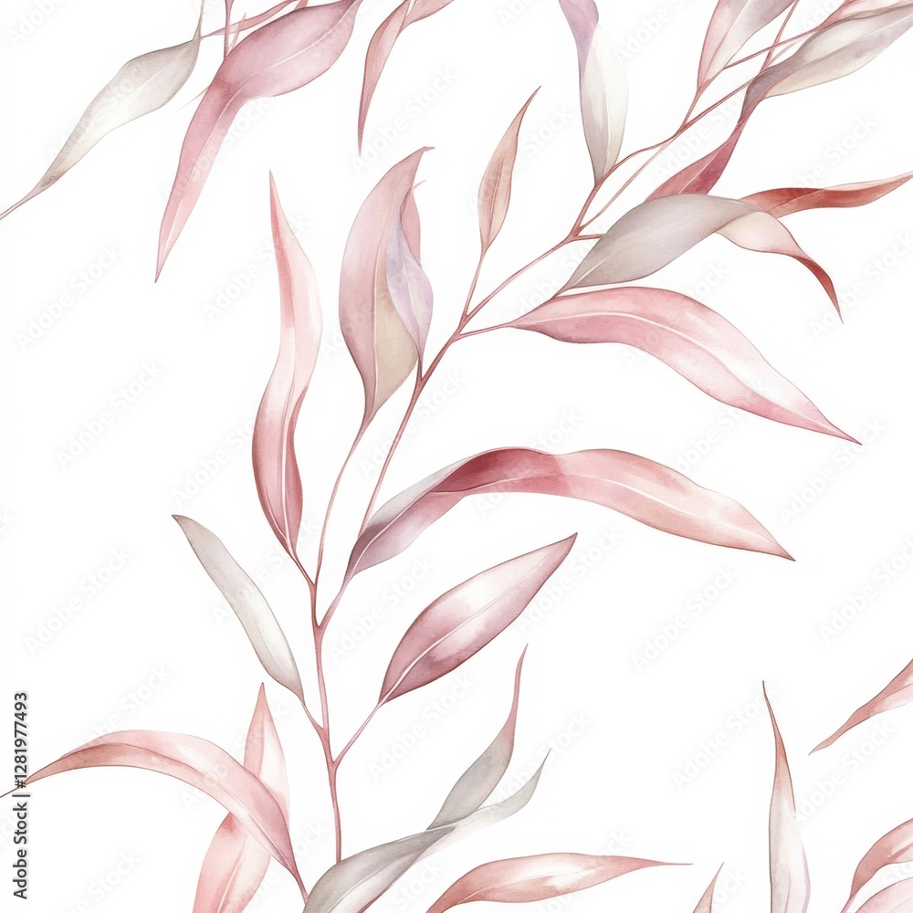 Poster watercolor leaves in soft pink hues create a delicate and serene pattern on a white background. gene