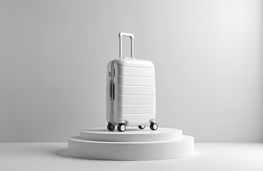 Monochrome still life with white polycarbonate suitcase on cylinder podium. Studio shot for travel agency ad, trip planning, tour booking, vacation preparation. Ready for journey promotion,