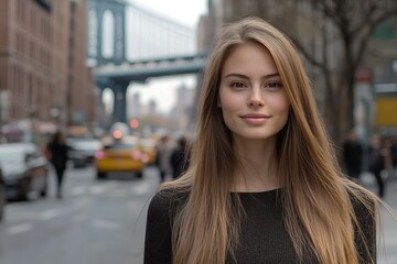 Fototapeta premium Woman standing confidently on a busy street with a bridge in the background on a sunny day