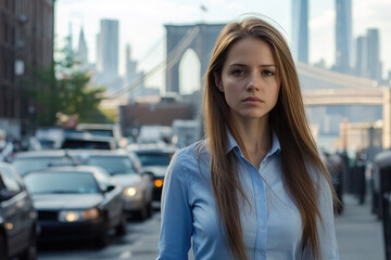 Fototapeta premium Woman standing on a busy sidewalk with a bridge and city skyline in the background