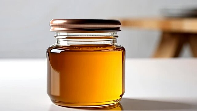 Amber liquid in a small glass jar with a copper lid on a white surface.