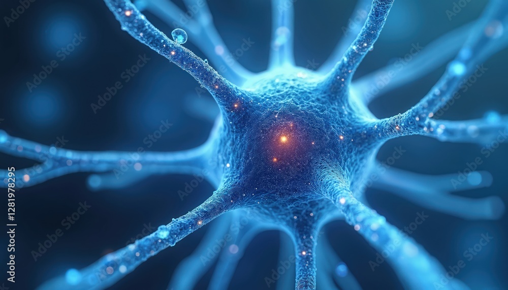 Poster abstract blue neuron cell in brain. futuristic tech design with glowing nerve cells. digital render 