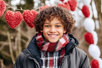 Valentine's day greeting from man or for man: dazzling bold image of loving mixed-race juvenile boy. Commercial ad campaign visual idea. Love confession. True love aesthetics. Sweet romance.