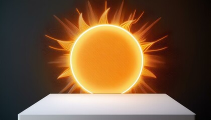 a neon sun is lit up on a white pedestal background for display your product podium mock up for product presentation