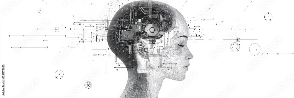 Poster outline of a human head filled with artificial intelligence mechanisms and schematic designs illustr
