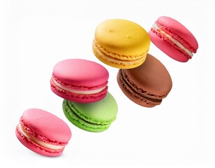 Obraz premium colorful different flavors of macaroons flying isolated on white background french macaron cookies floating isolated vanilla raspberry and strawberry flavors of macaroons