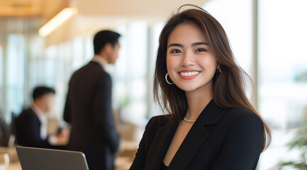 Obraz premium Confident businesswoman in professional attire, smiling at her desk with a laptop while team members collaborate in a modern office with bright lighting, large windows, and a productive atmosphere.