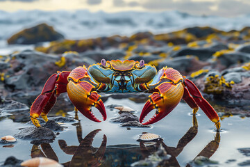 A vibrant crab captured in its natural wildlife habitat, perched on a rocky surface near a tide pool