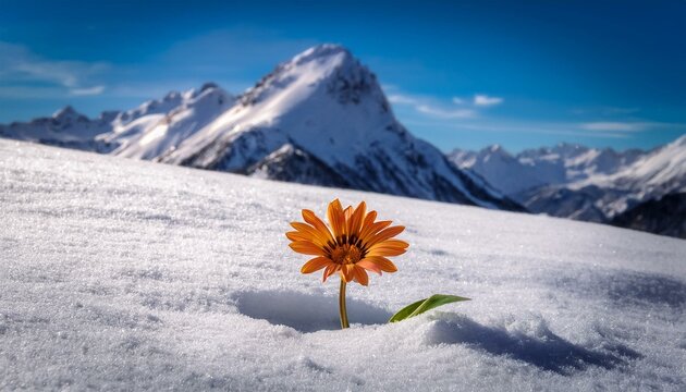 a solitary flower blooming in a cold snowy mountain landscape surrounded by pristine white snow and towering icy peaks the flower is vibrant