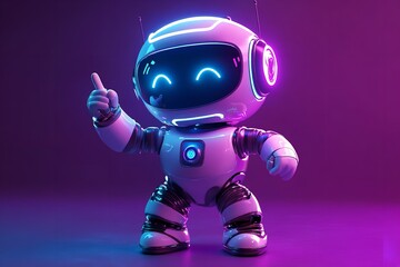 Naklejka premium 3D Render of a Cute Robot Character with Raised Finger on Purple Background, Neon Effect