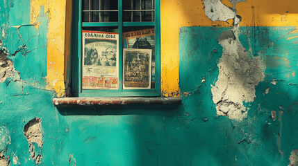 Vintage teal and yellow painted wall with window displaying old posters