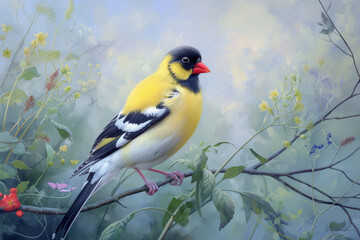 A vibrant goldfinch perched delicately on a slender branch, its brilliant yellow feathers