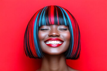 Obraz premium Short haircut - multicolored hair. Commercial promotion idea. Attractive happy black girl - for ads, ad page and web marketing use. Artistic african portrait. African portrait trends.