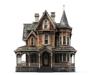 Aged Victorian mansion, isolated on white.
