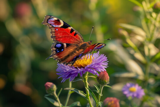 A vibrant Peacock butterfly (Aglais io) perched delicately on the blossom of a bright purple Aster flower, its striking wings displaying vivid red hues with bold eyespots of blue, yellow, and black 