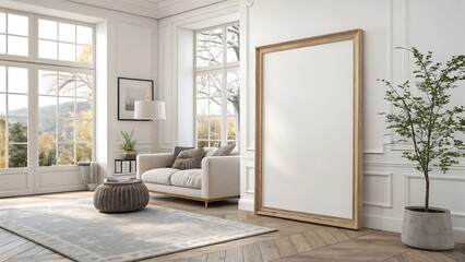 mock up poster frame in modern interior background, living room, Scandinavian style, 3D render, 3D illustration