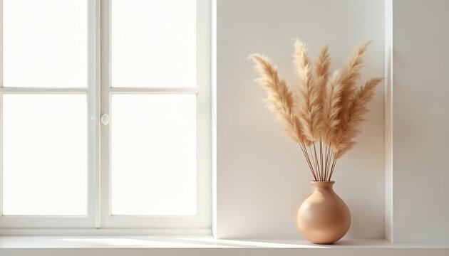 Decorative clay vase with pampas grass stands against window near white wall. Interior design composition with natural wheat bouquet. Minimalistic home decor, hygge scandinavian style design element.