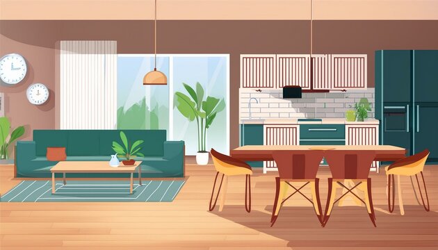 modern house interior background with living room dining room and kitchen combination  illustration