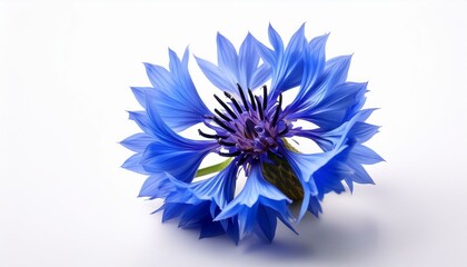 close up of blue corn flower with white background