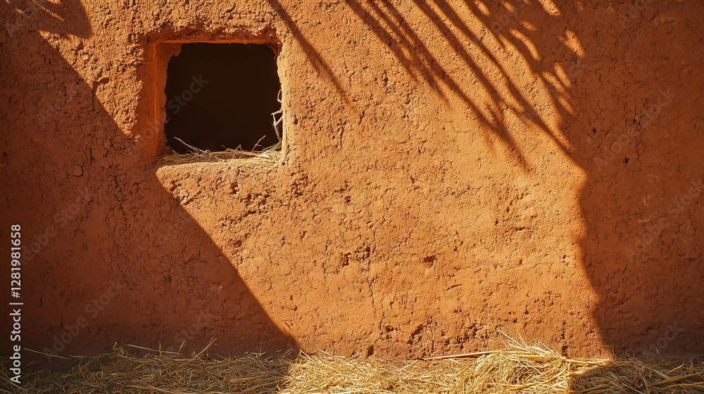 Poster rustic red clay wall with straw and shadows for architectural design