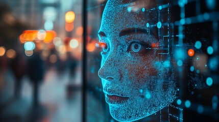 Woman's face, digital overlay, city night