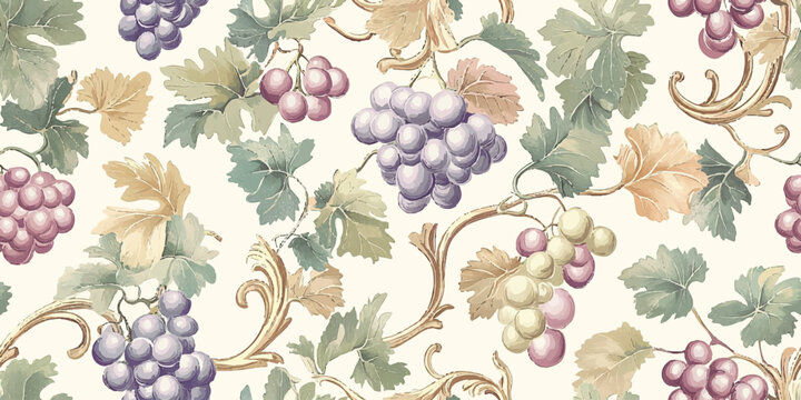 Vintage seamless vector pattern of clusters of purple grapes with intricate vine details and leaves on beige background