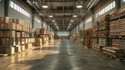 Spacious Warehouse Interior with Stacked Goods and Racks