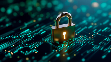 cyber-shielded digital lock stands out against a matrix-coded background. This modern visual captures encrypted protection, online security, and the evolving landscape of cybersecurity.
