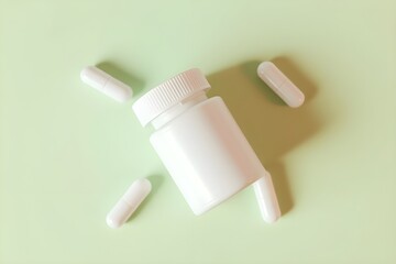 White supplement bottle, pills on green background. Top view flat lay trendy product presentation. Empty container ready for branding