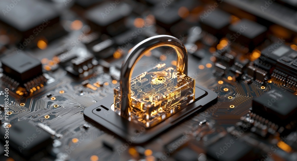Poster the digital padlock icon of cyber security signifies the implementation of technology networks and d