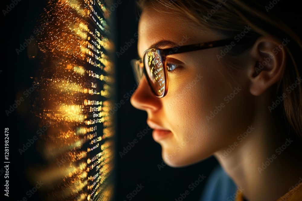 Poster a young computer programmer is shown making headway on her code in a cropped view of her studying in