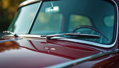 Gordijnen Close-up shot of vintage red car windshield, chrome wipers. Classic 1960s automotive design. Iconic British coupe, clean windscreen, shiny paint, elegant style. Reflections on hood. Auto industry © Vadym