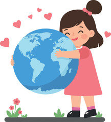 Fototapeta premium A cheerful girl in a pink dress hugging the Earth, surrounded by hearts and flowers, in a flat and colorful vector illustration