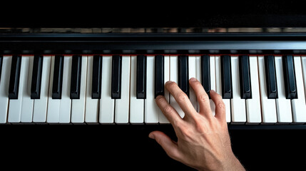 Close-up of a hand playing piano keys, highlighting finger placement and black-and-white keyboard details, symbolizing music practice, performance, and instrumental mastery.